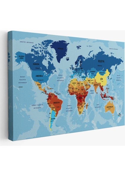 Türkçe Dünya Haritası Ülke Başkentli ve Okyanuslu Dekoratif Kanvas Tablo 2194 fiyatları