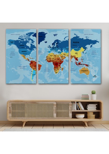 Türkçe Dünya Haritası Ülke Başkentli ve Okyanuslu Dekoratif Kanvas Tablo 2194 modelleri