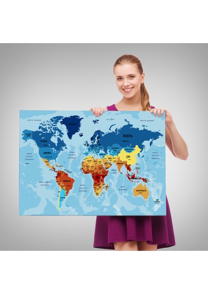 Türkçe Dünya Haritası Ülke Başkentli ve Okyanuslu Dekoratif Kanvas Tablo 2194 fırsatları