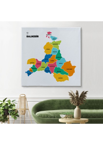 Balıkesir İli ve İlçeler Haritası Dekoratif Kanvas Tablo 1279
