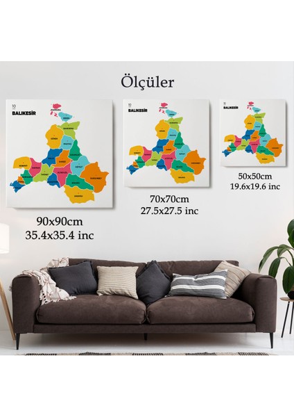 Balıkesir İli ve İlçeler Haritası Dekoratif Kanvas Tablo 1279
