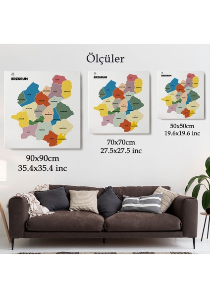 Erzurum İli ve İlçeler Haritası Dekoratif Kanvas Tablo 1337
