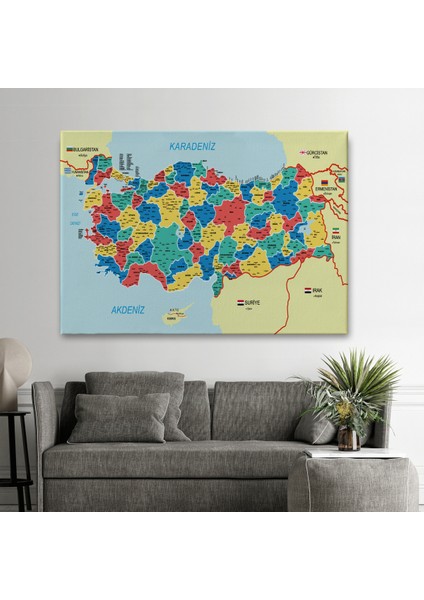 Türkiye Haritası Kanvas Tablo İl ve İlçeli Ayrıntılı Eğitici Komşulu Tablo 3019