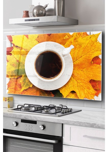 Ocak Arkası Cam Koruyucu Tezgah Ankastre Arkası Koruyucu | Yaprak ve Kahve Desenli