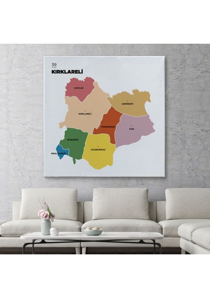 Kırklareli İli ve İlçeler Haritası Dekoratif Kanvas Tablo 1395