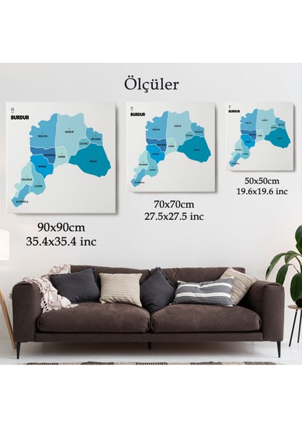 Burdur İli ve İlçeler Haritası Dekoratif Kanvas Tablo 1305