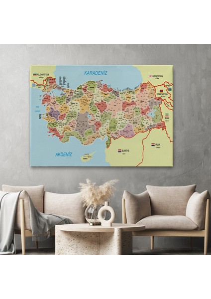 Türkiye Haritası Kanvas Tablo İl ve İlçeli Ayrıntılı Eğitici Komşulu Tablo 3017
