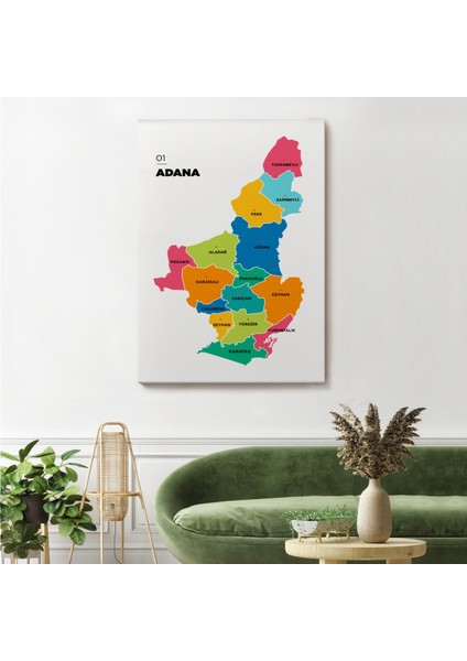 Adana İli ve İlçeler Haritası Dekoratif Kanvas Tablo 1248