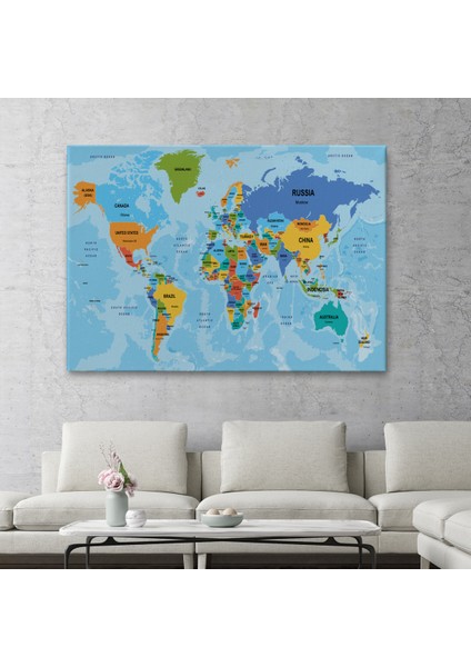 Dünya Haritası Ülke Başkentli Okyanuslu ve Dekoratif Kanvas Tablo 2261