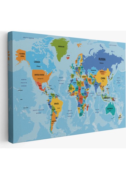 Dünya Haritası Ülke Başkentli Okyanuslu ve Dekoratif Kanvas Tablo 2261 fiyatları