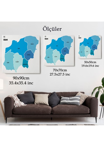 Uşak İli ve İlçeler Haritası Dekoratif Kanvas Tablo 1477