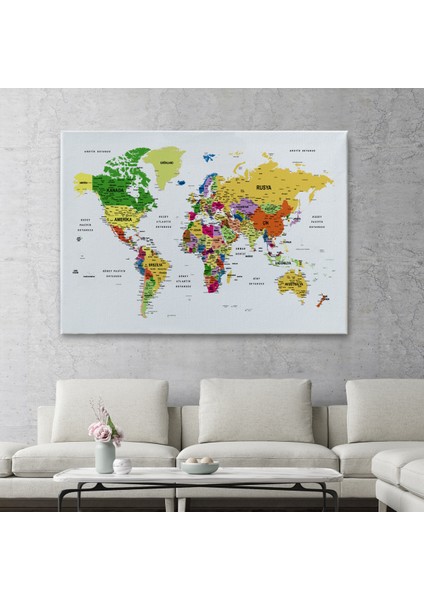 Türkçe Dünya Haritası Dekoratif Kanvas Tablo Son Derece Detaylı 1614