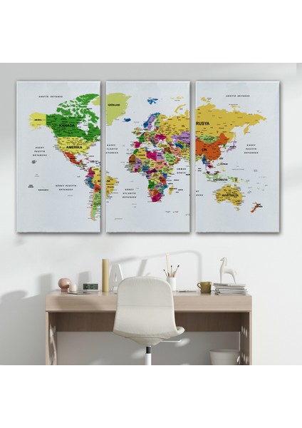 Türkçe Dünya Haritası Dekoratif Kanvas Tablo Son Derece Detaylı 1614 modelleri