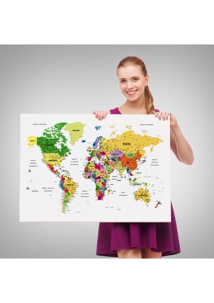 Türkçe Dünya Haritası Dekoratif Kanvas Tablo Son Derece Detaylı 1614 fırsatları