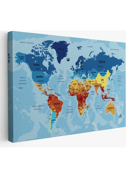Türkçe Dünya Haritası Ülke Başkentli ve Okyanuslu Dekoratif Kanvas Tablo 2194