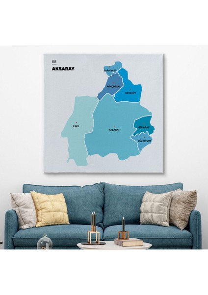 Aksaray İli ve İlçeler Haritası Dekoratif Kanvas Tablo 1258
