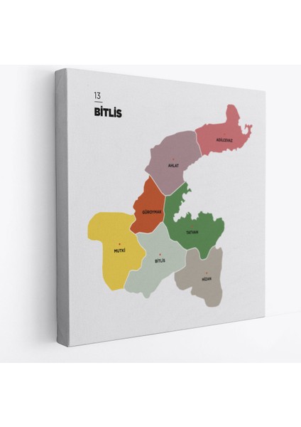 Bitlis İli ve İlçeler Haritası Dekoratif Kanvas Tablo 1298
