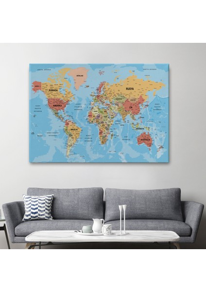 Dünya Haritası Türkçe Kanvas Tablo Ayrıntılı Dekoratif-Okyanuslu 2162