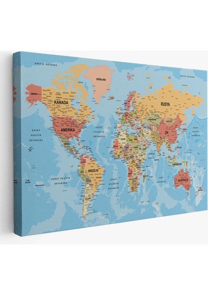 Dünya Haritası Türkçe Kanvas Tablo Ayrıntılı Dekoratif-Okyanuslu 2162 fiyatları