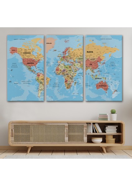 Dünya Haritası Türkçe Kanvas Tablo Ayrıntılı Dekoratif-Okyanuslu 2162 modelleri