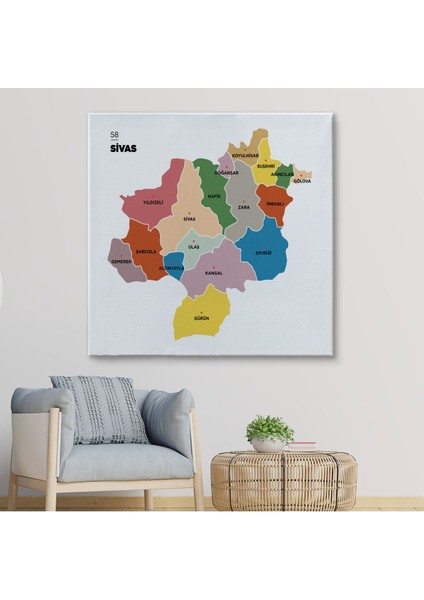 Sivas İli ve İlçeler Haritası Dekoratif Kanvas Tablo 1455