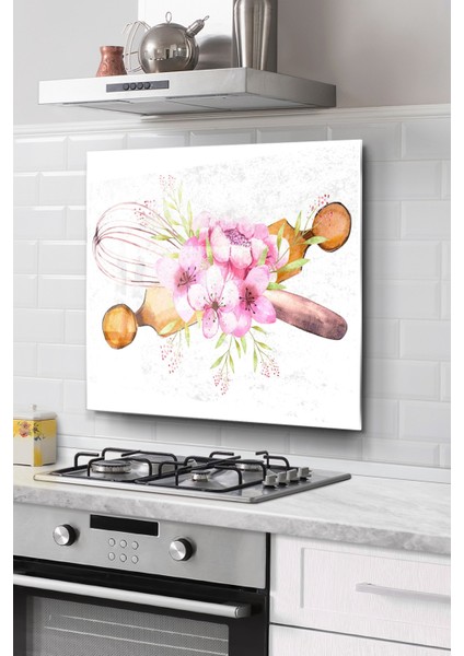 Ocak Arkası Cam Koruyucu Tezgah Ankastre Arkası Koruyucu | Renkli Çiçekler ve Merdane