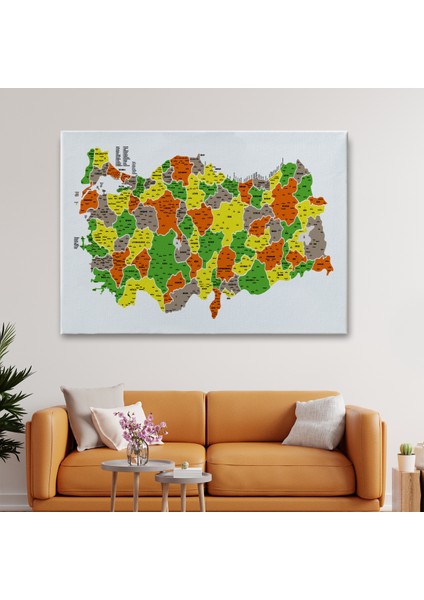 Türkiye Haritası Kanvas Tablo İl ve İlçeli Ayrıntılı Eğitici Dekoratif Tablo 3027