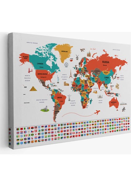 Dünya Haritası Ülke Bayraklı ve Başkentli Kanvas Tablo 1923 fiyatları