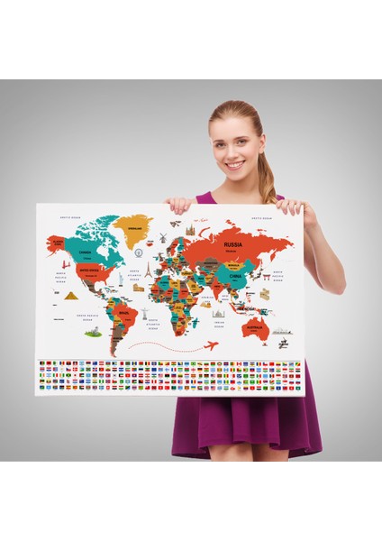 Dünya Haritası Ülke Bayraklı ve Başkentli Kanvas Tablo 1923 fırsatları