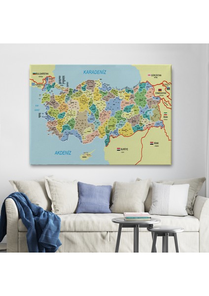 Türkiye Haritası Kanvas Tablo İl ve İlçeli Ayrıntılı Eğitici Komşulu Tablo 3018