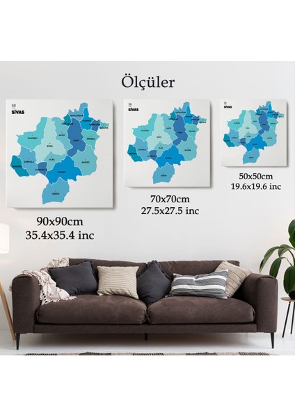 Sivas İli ve İlçeler Haritası Dekoratif Kanvas Tablo 1456 indirimleri