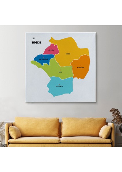 Niğde İli ve İlçeler Haritası Dekoratif Kanvas Tablo 1430