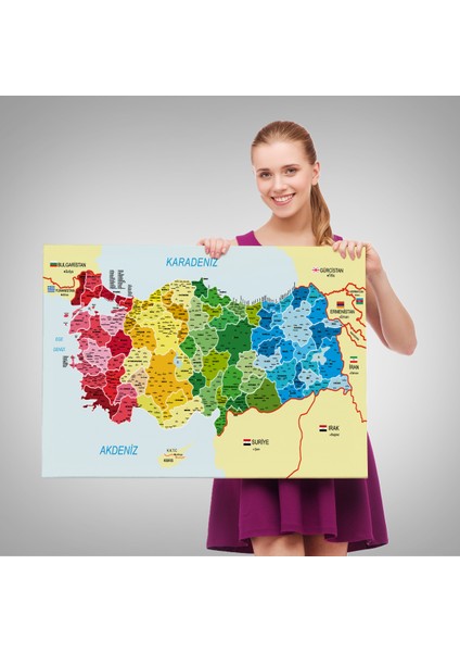 Türkiye Haritası Kanvas Tablo İl ve İlçeli Ayrıntılı Eğitici Komşulu Tablo 3021 fırsatları