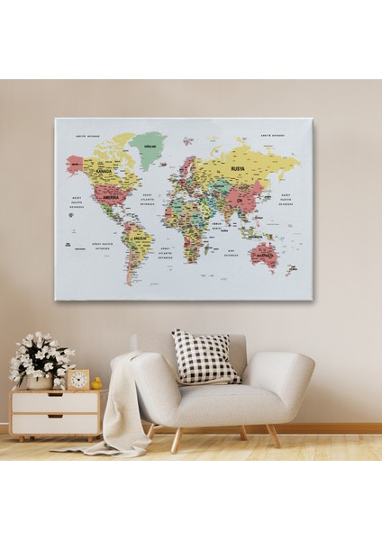 Türkçe Dünya Haritası Dekoratif Kanvas Tablo Son Derece Detaylı 1626