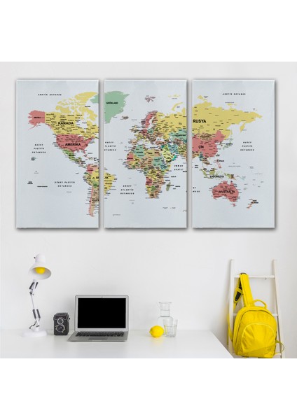 Türkçe Dünya Haritası Dekoratif Kanvas Tablo Son Derece Detaylı 1626 modelleri