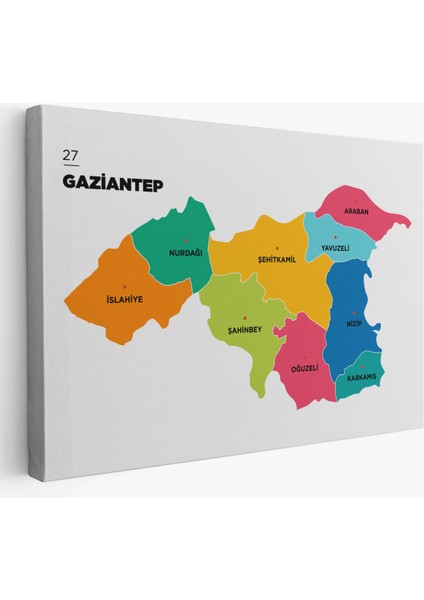 Gaziantep İli ve İlçeler Haritası Dekoratif Kanvas Tablo 1342