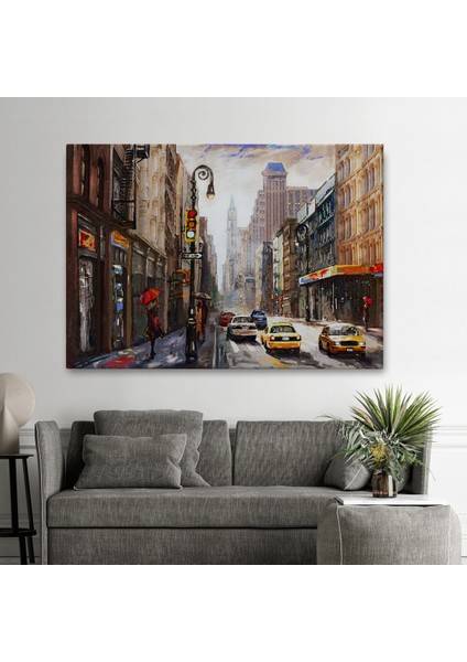 New York Sokakları ve Sarı Taksi Yağlıboya Görünüm Tablo-3550