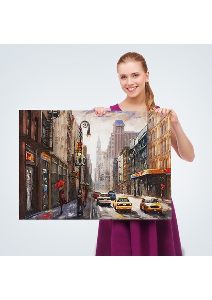 New York Sokakları ve Sarı Taksi Yağlıboya Görünüm Tablo-3550