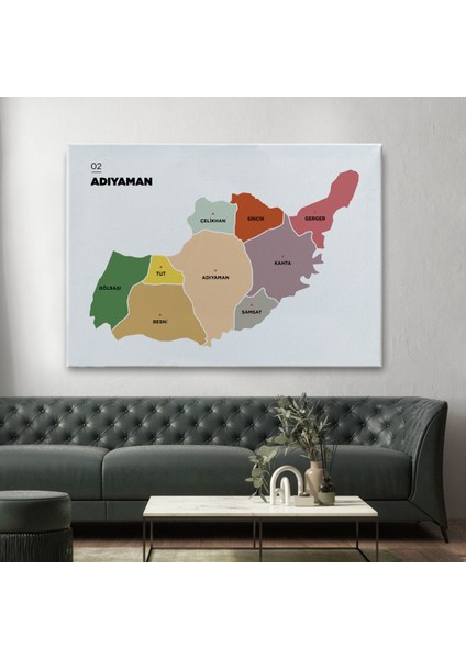 Adıyaman İli ve İlçeler Haritası Dekoratif Kanvas Tablo 1250