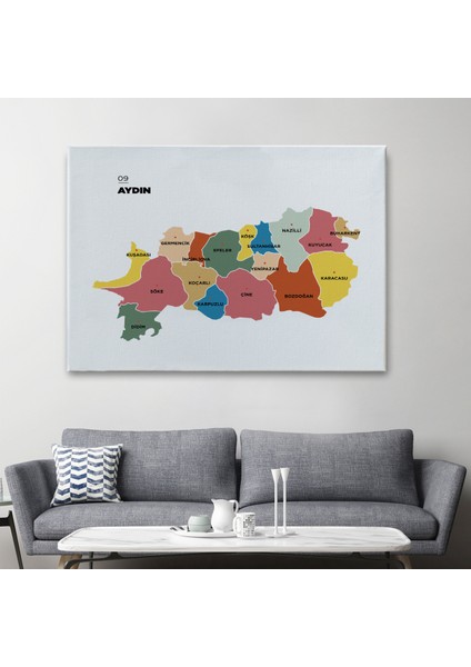 Aydın İli ve İlçeler Haritası Dekoratif Kanvas Tablo 1277