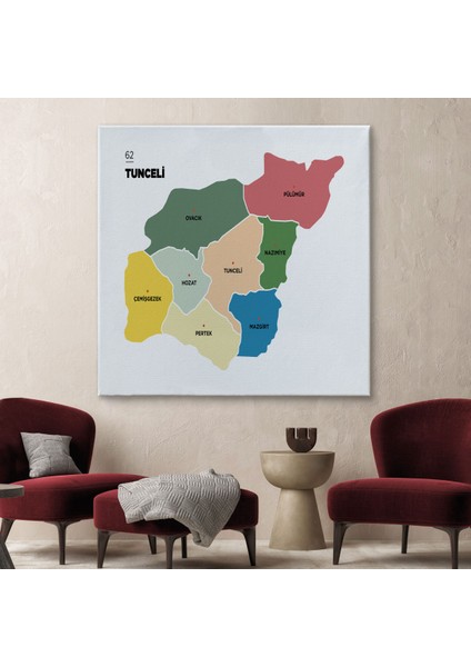 Tunceli İli ve İlçeler Haritası Dekoratif Kanvas Tablo 1473