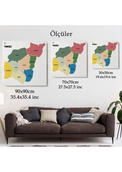 Tunceli İli ve İlçeler Haritası Dekoratif Kanvas Tablo 1473