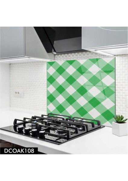 Cam Ocak Arkası Koruyucu | Yeşil Kare Desenli