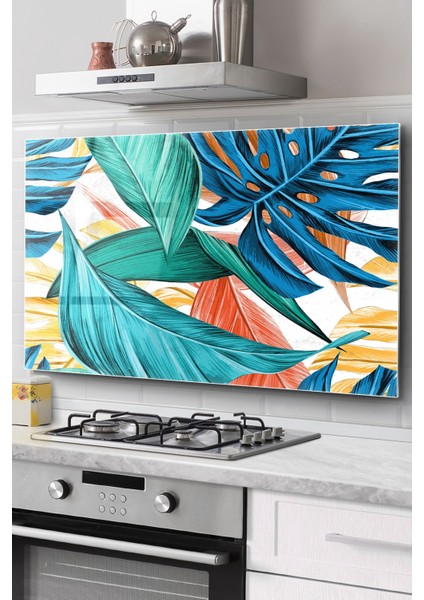 Ocak Arkası Cam Koruyucu Tezgah Ankastre Arkası Koruyucu | Yaprak Desenli