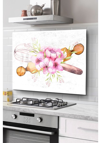 Ocak Arkası Cam Koruyucu Tezgah Ankastre Arkası Koruyucu | Renkli Çiçekler ve Merdane