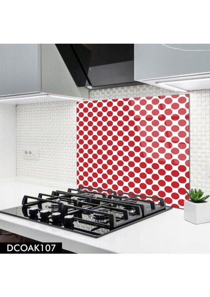Cam Ocak Arkası Koruyucu | Kırmızı Pötikare Desenli