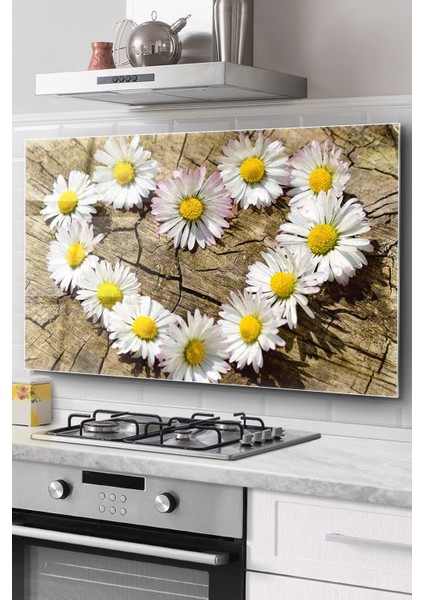 Ocak Arkası Cam Koruyucu Tezgah Ankastre Arkası Koruyucu | Kalpli Papatya Çiçeği