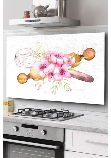 Ocak Arkası Cam Koruyucu Tezgah Ankastre Arkası Koruyucu | Renkli Çiçekler ve Merdane