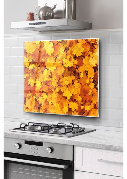 Ocak Arkası Cam Koruyucu Tezgah Ankastre Arkası Koruyucu | Sonbahar Yaprak Desenli