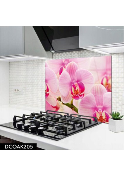 Cam Ocak Arkası Koruyucu | Pembe Çiçek Orkide
